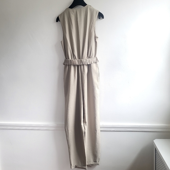New Zara Textured Linen Blend V-Neck Sleeveless Belted Tan Jumpsuit NWT Small - Picture 13 of 16